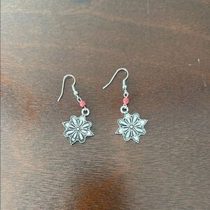Silver Floral Earrings with Red Accents